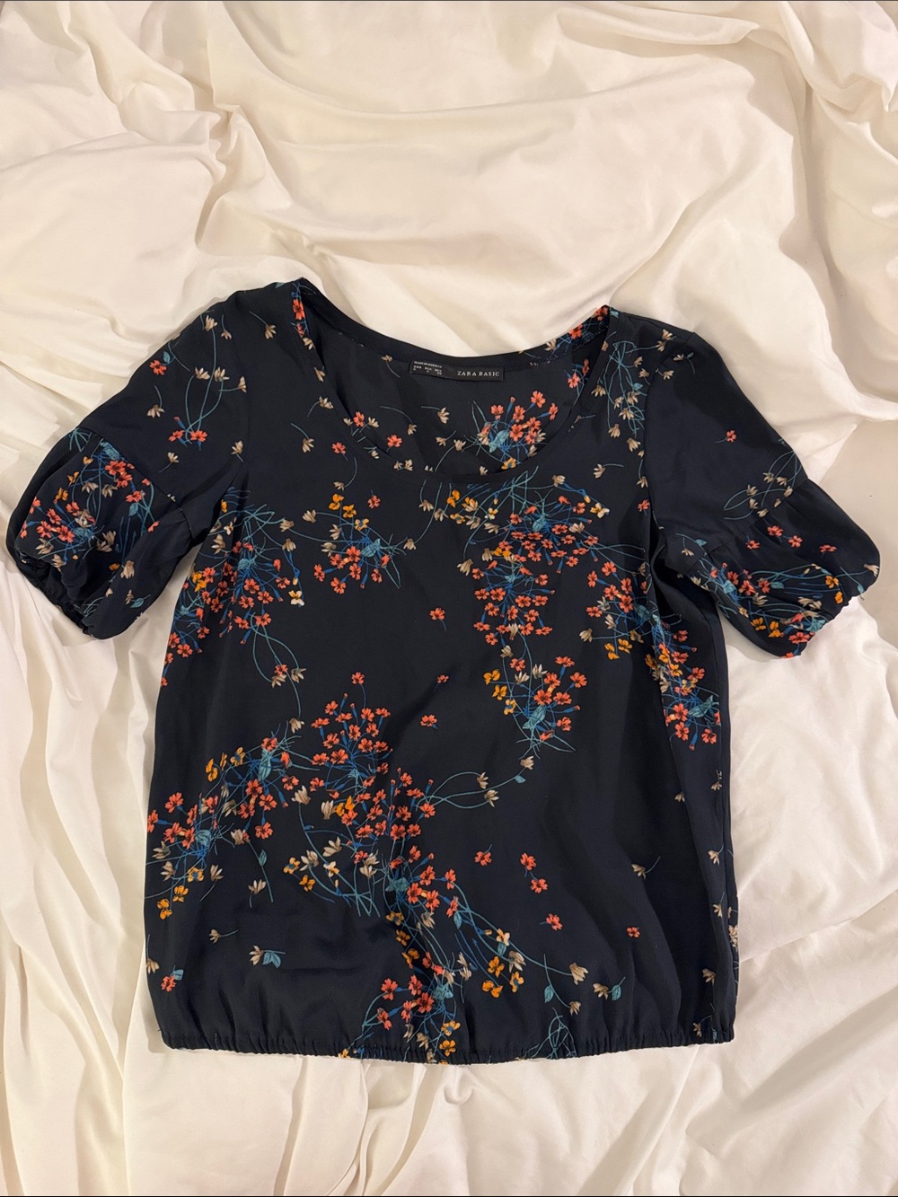Zara Navy Floral Puff Sleeve Top with Elastic Bubble Hem Size S